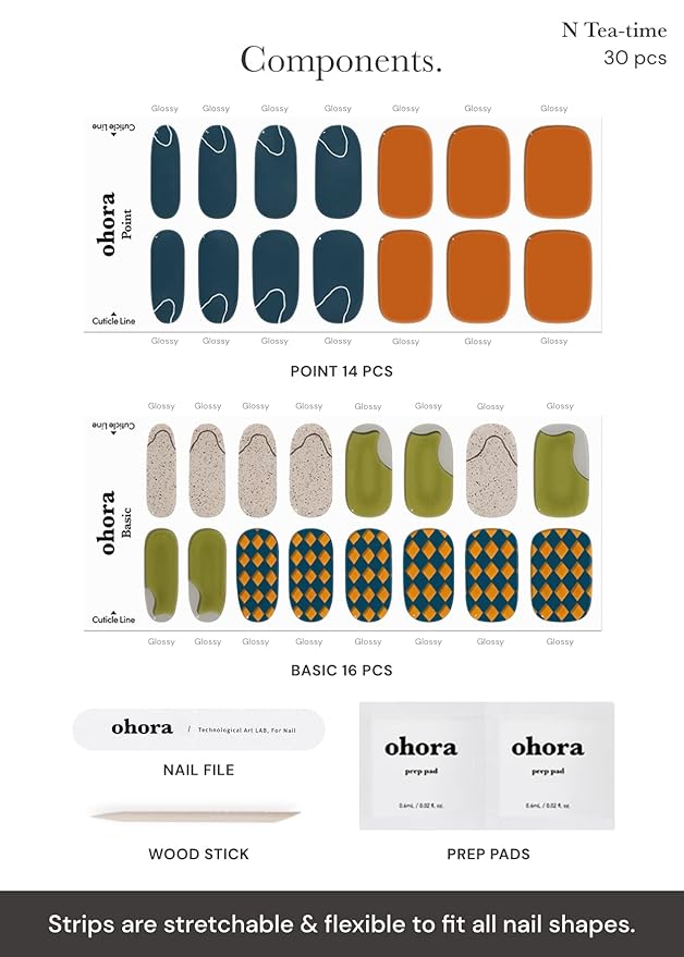 ohora Semi Cured Gel Nail Strips (N Tea-time) - Green/Blue, Patterned, Works with Any UV/LED Lamps, Salon-Quality, Long Lasting, Easy to Apply & Remove - Includes 2 Prep Pads, Nail File & Wooden Stick