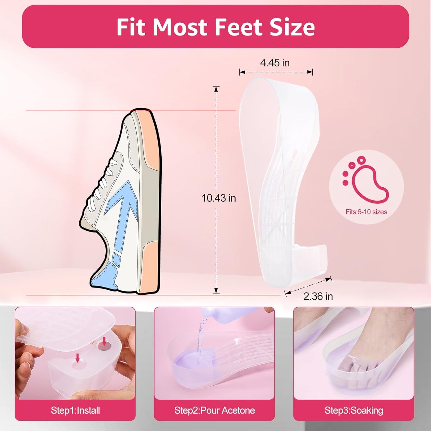 Toe Nail Soaking Bowl Acetone Proof: 1Pair Soak Off Dip Powder Gel Polish Remover - Manicure Bowl for Toenails Soaking with Cuticle Pusher, Cuticle Peeler, Nail File Buffer (Clear)