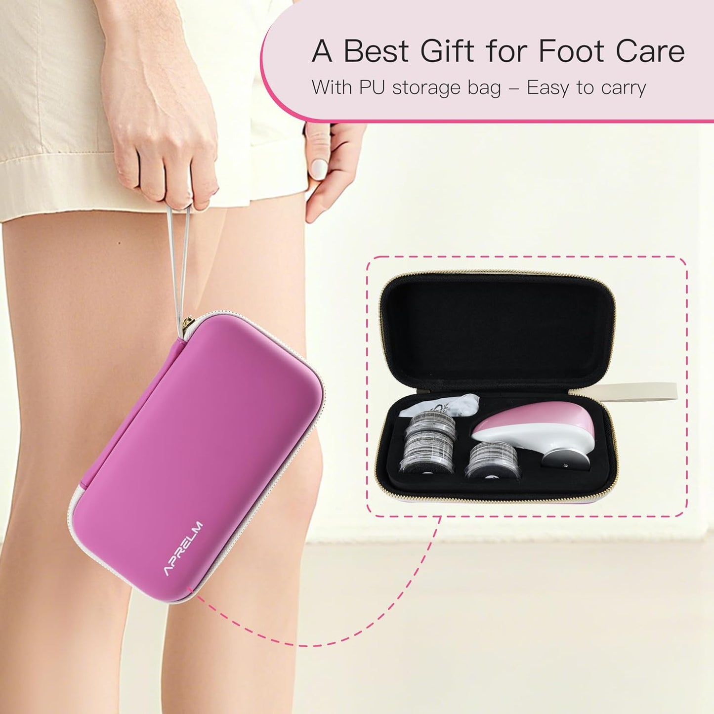 AprElm-E5 Rechargeable Electric Foot Callus Remover with 3-Sizes 120Pcs Sandpapers, Professional 1000RPM Electric Foot File with Organizer, Pedicure Tools Gifts for Women Men (Pink-White)