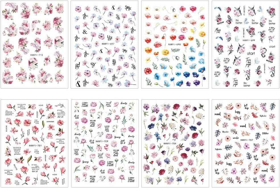 Dornail 8 Sheets 3D Flower Nail Stickers - Spring & Summer Colorful Floral Nail Art Stickers with Blooming Florals & Leaf Designs for DIY Nail Decorations