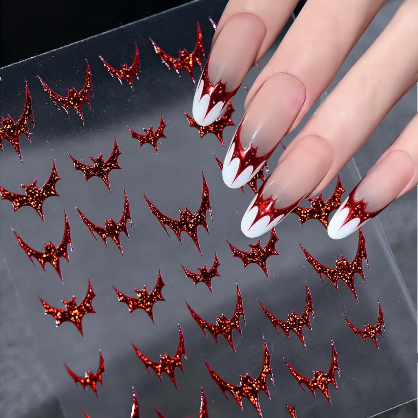 Halloween Nail Art Stickers 3D Self-Adhesive Red Glitter Bat Nail Stickers with Glitter Bloody Bats Nail Decals Horror Design Sticker for Women Manicure Decoration Cardboard Set 1 Sheets