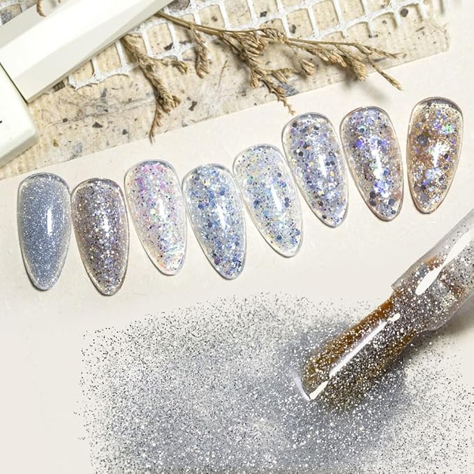 CANNI 8 Pcs 9 ML Glitter Gel Nail Polish Set, Shimmer Sparkly Shiny Gold Silver Blue Green Purple Colors Gel Polish Kit Soak Off Led Nail Art Manicure Salon DIY
