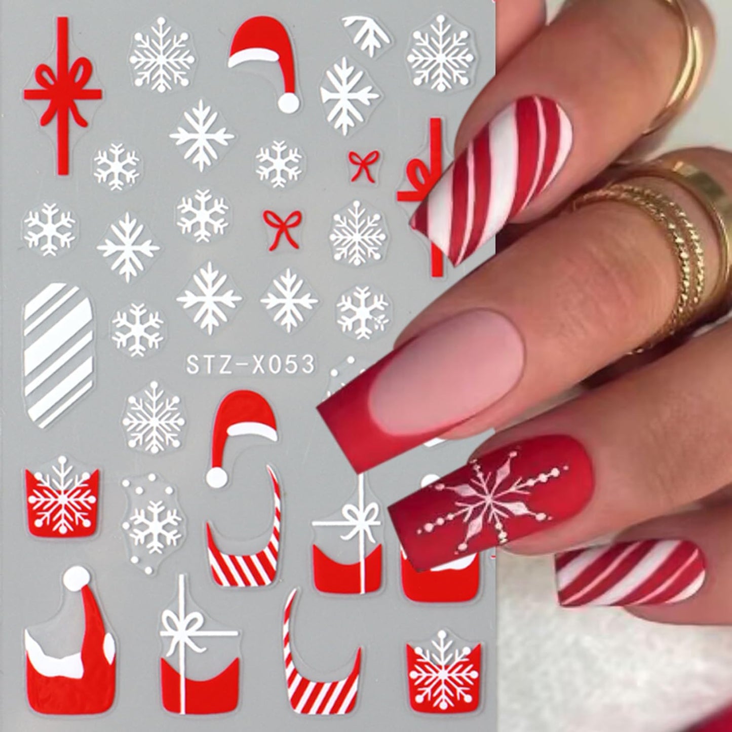6Sheets Red Christmas Nail Art Stickers,Christmas Hat Snowflake Gift with French Bow Snowflakes Hat Glitter Design 3D Self-Adhesive Decals Supplies Winter New Year Manicure Tips Decoration for Women
