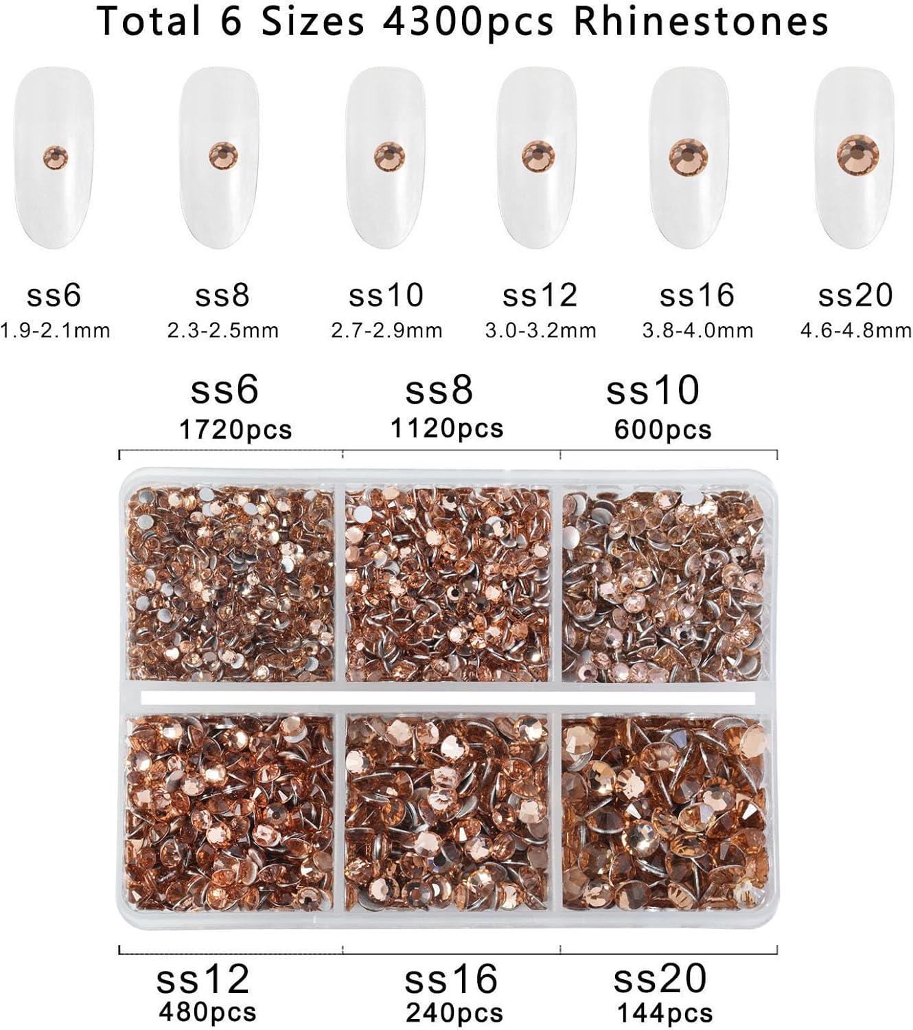 Beadsland 4300pcs Flatback Rhinestones, Champagne Rhinestone Nail Gems Round Crystal Rhinestones for Crafts,Mixed 6 Sizes with Picking Tweezers and Wax Pencil Kit, SS6-SS20, Light Peach