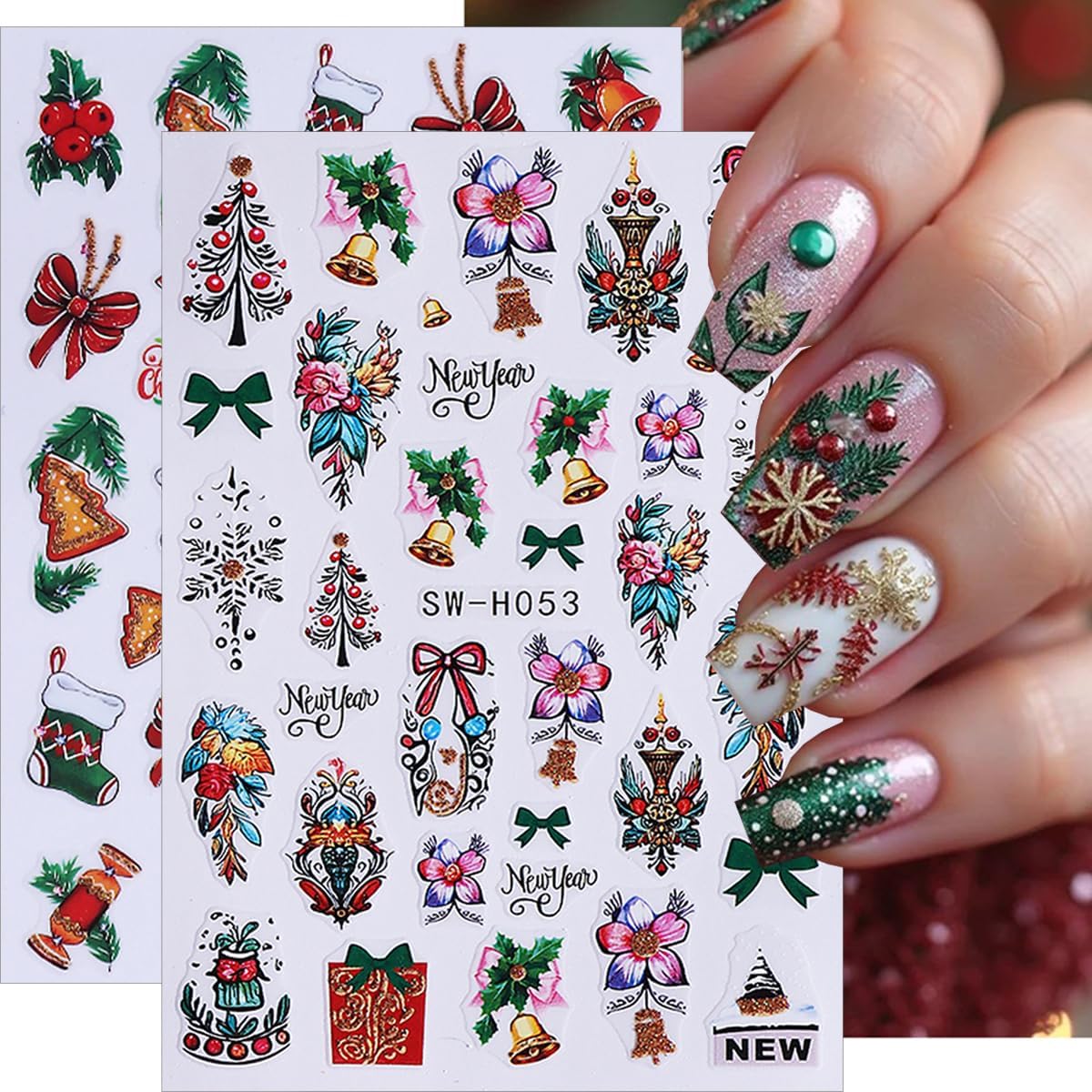 6 Sheets Christmas Nail Art Stickers 2026 New Year Fireworks Clock Xmas Nail Stickers 3D Self-Adhesive Glitter Light Strip Holly Flower Leaf Designs Winter Nail Decals for Women DIY Manicure Supplies