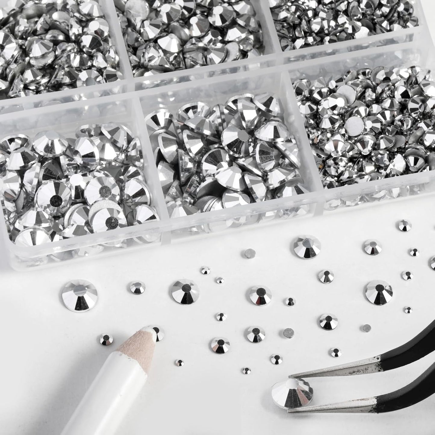 Beadsland 8300PCS Flatback Rhinestones, Silver Rhinestone Nail Gems Round Crystal Rhinestones for Crafts, Mixed 10 Sizes with Wax Pencil and Tweezer Kit, SS3-SS30, Silver Hematite