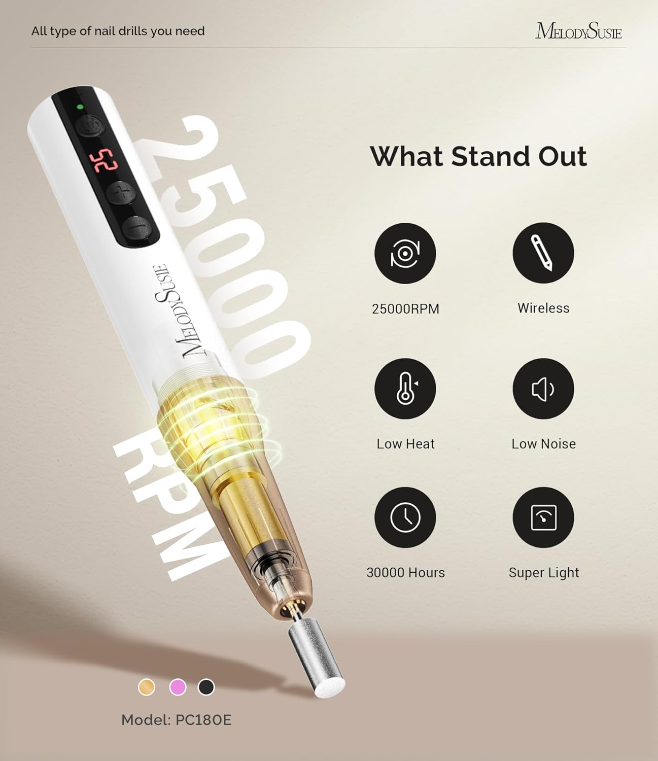 MelodySusie Pen-Shaped Portable Cordless Nail Drill, PC180E 25000RPM Rechargeable Electric File with LED Display for All Nail Care, Manicure Shaping & Acrylic Gel Removal for Nail Artists DIY at Home