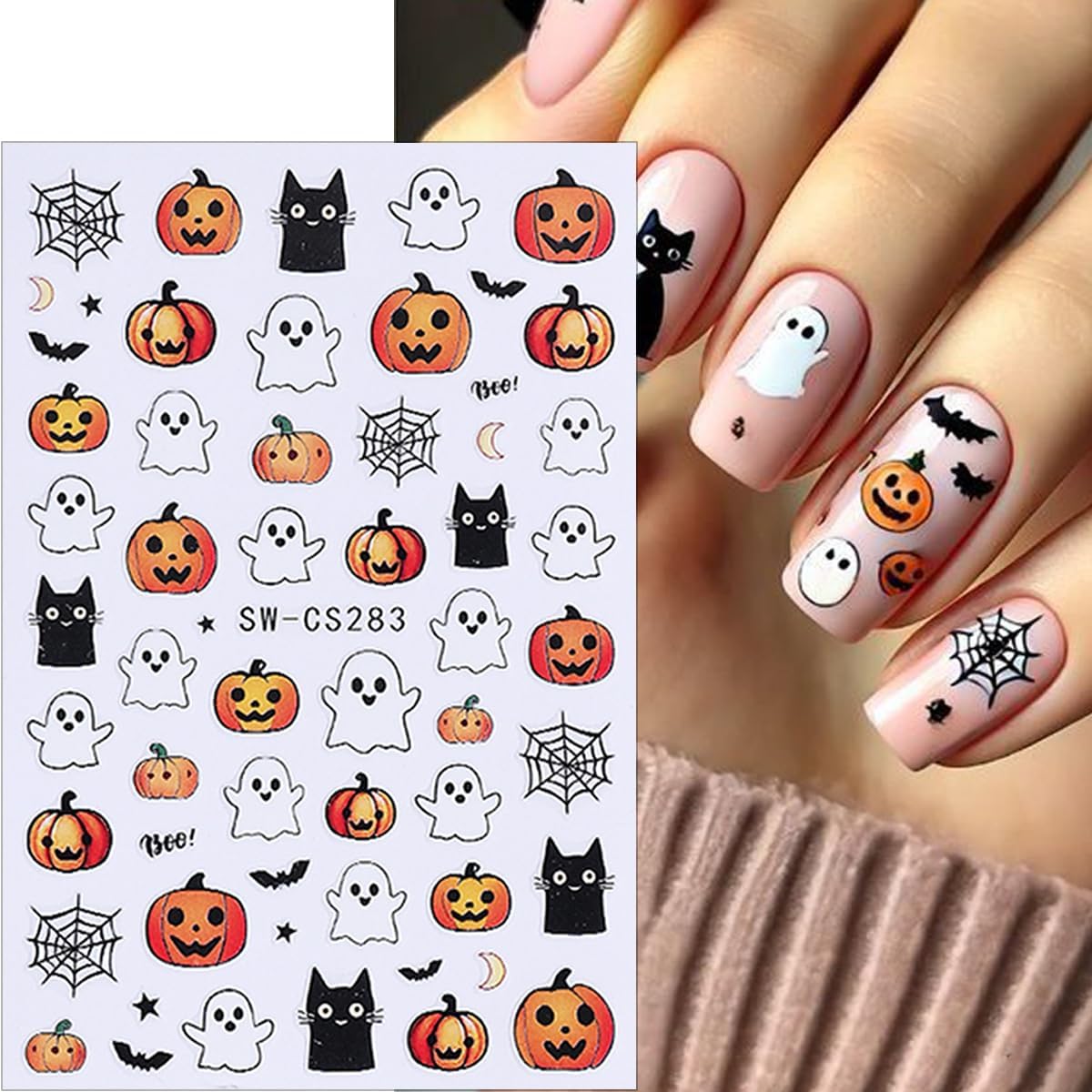8 Sheets Halloween Nail Art Stickers Decals Cute Ghost Pumpkin Black Cat Bat Spider Web Design Nail Stickers Supply 3D Self-Adhesive Nail Decals for Halloween Party Nails Decoration DIY Manicure Tips
