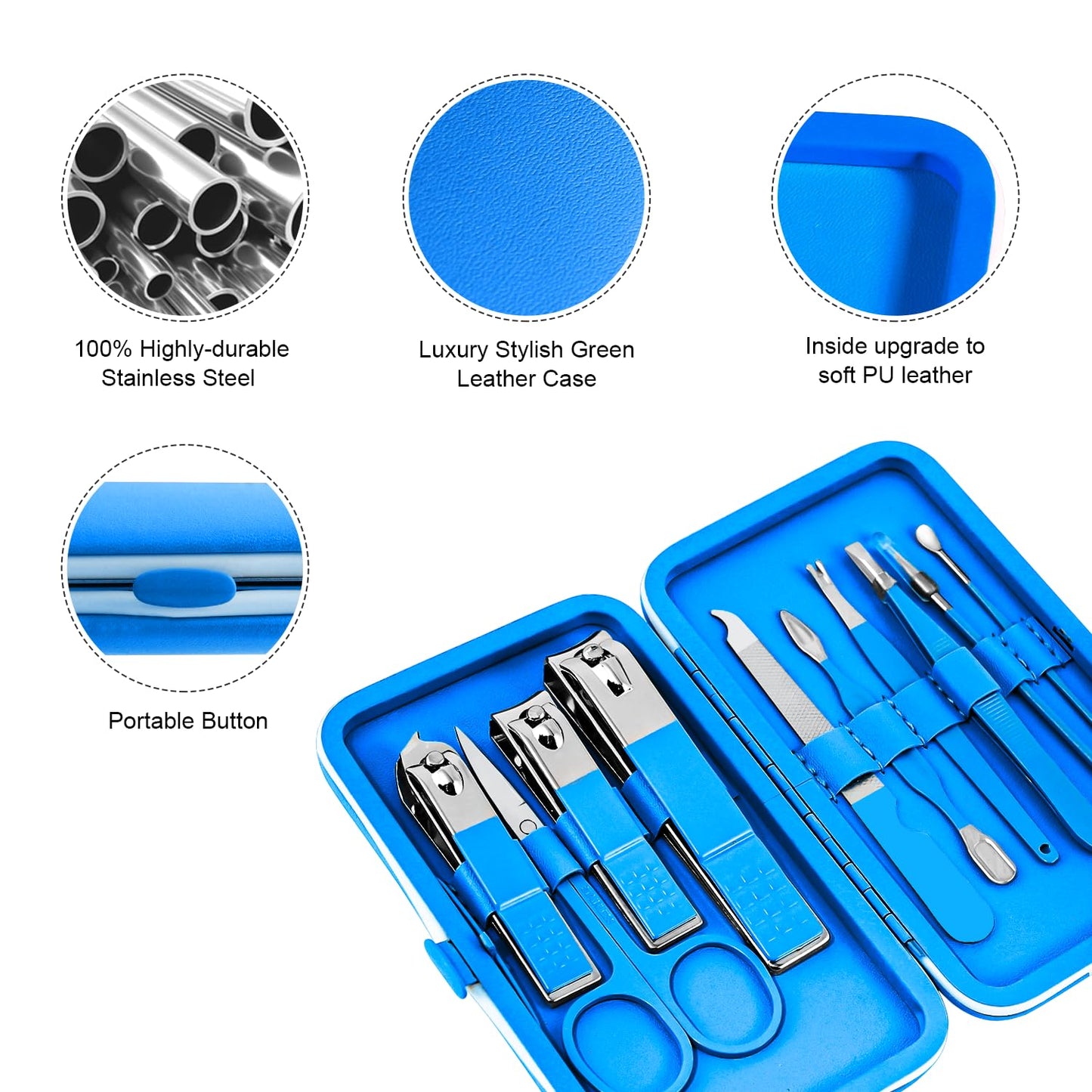 Manicure Set, Travel Mini Nail Clippers Kit Pedicure Care Tools, 10pcs Stainless Steel Grooming kit (Blue)
