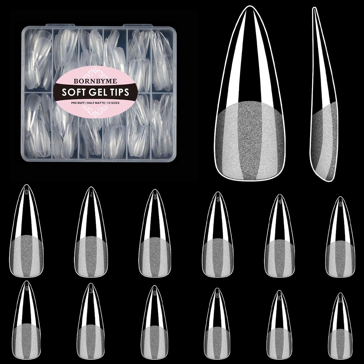 Long Stiletto Soft Gel Nail Tips, BORNBYME 240 PCS Half Matte Pre Buff Full Cover Shaped Nail Extenison Tips Gel Nail Tips