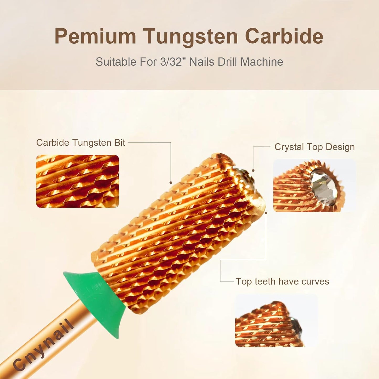 3/32" Large Barrel Crystal Top Tungsten Carbide Nail Drill Bit Safety Bit for Gel & Acrylic Removal, 2-Way Rotating Efile Tip, Salon Electric File Accessory (C Grit, Ti-Gold)