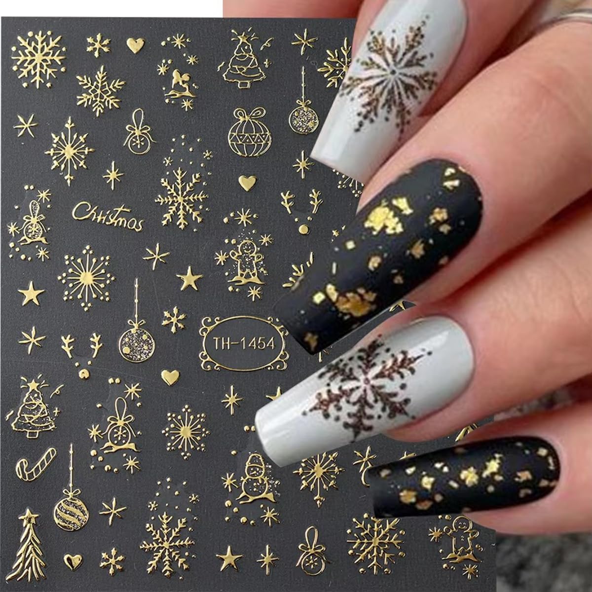 Christmas Nail Art Stickers Decals 3D Self-Adhesive Gold Christmas Nail Decals 6PCS Crystal Ball Snowflake Tree Candy Elk Xmas Nails Design Manicure Sliders for Women Holiday DIY Nail Decorations