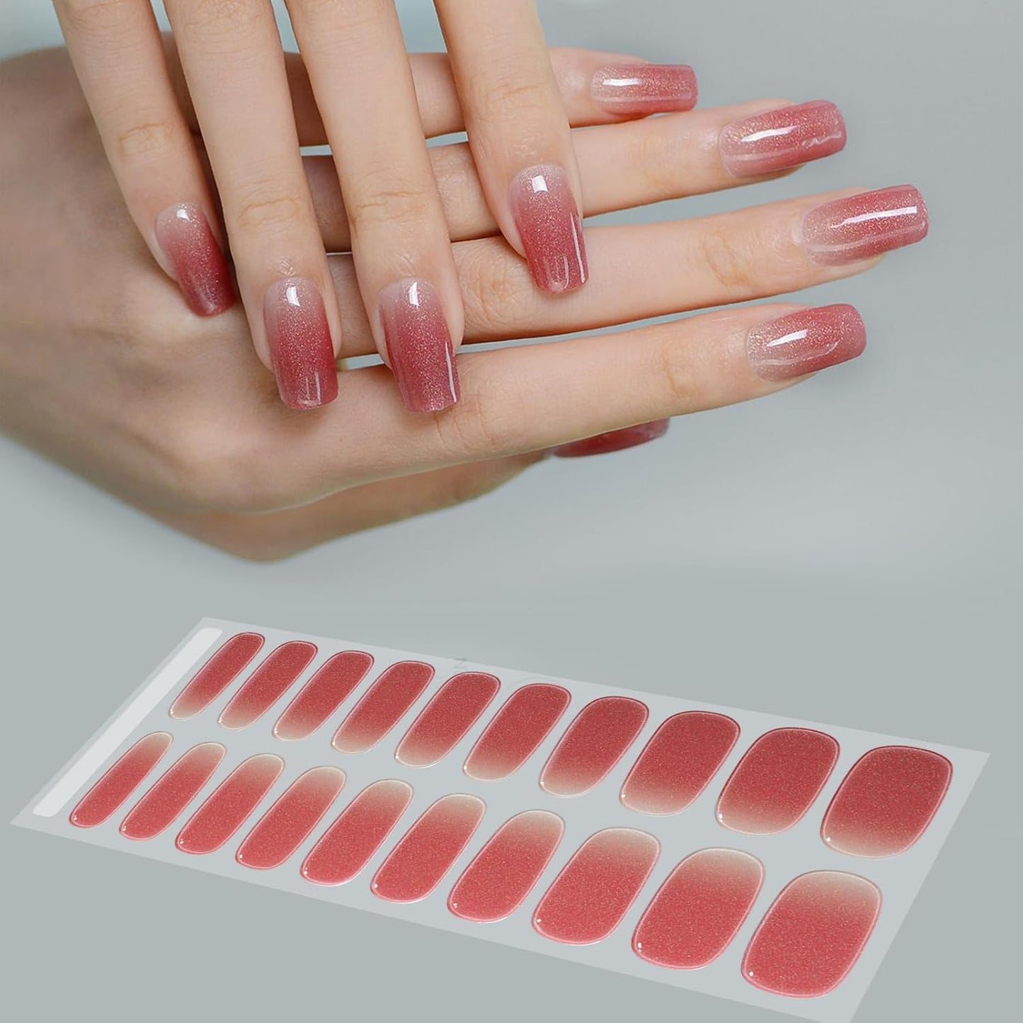 WOKOTO 1 Sheet Semi Cured Gel Nail Strips With Wood Stick, Nail File & Prepared Pads, 20 Tips Pink Gradient Glitter Semi Cured Nail Polish Strips, Harden With UV Light Gel Nail Stickers Wraps