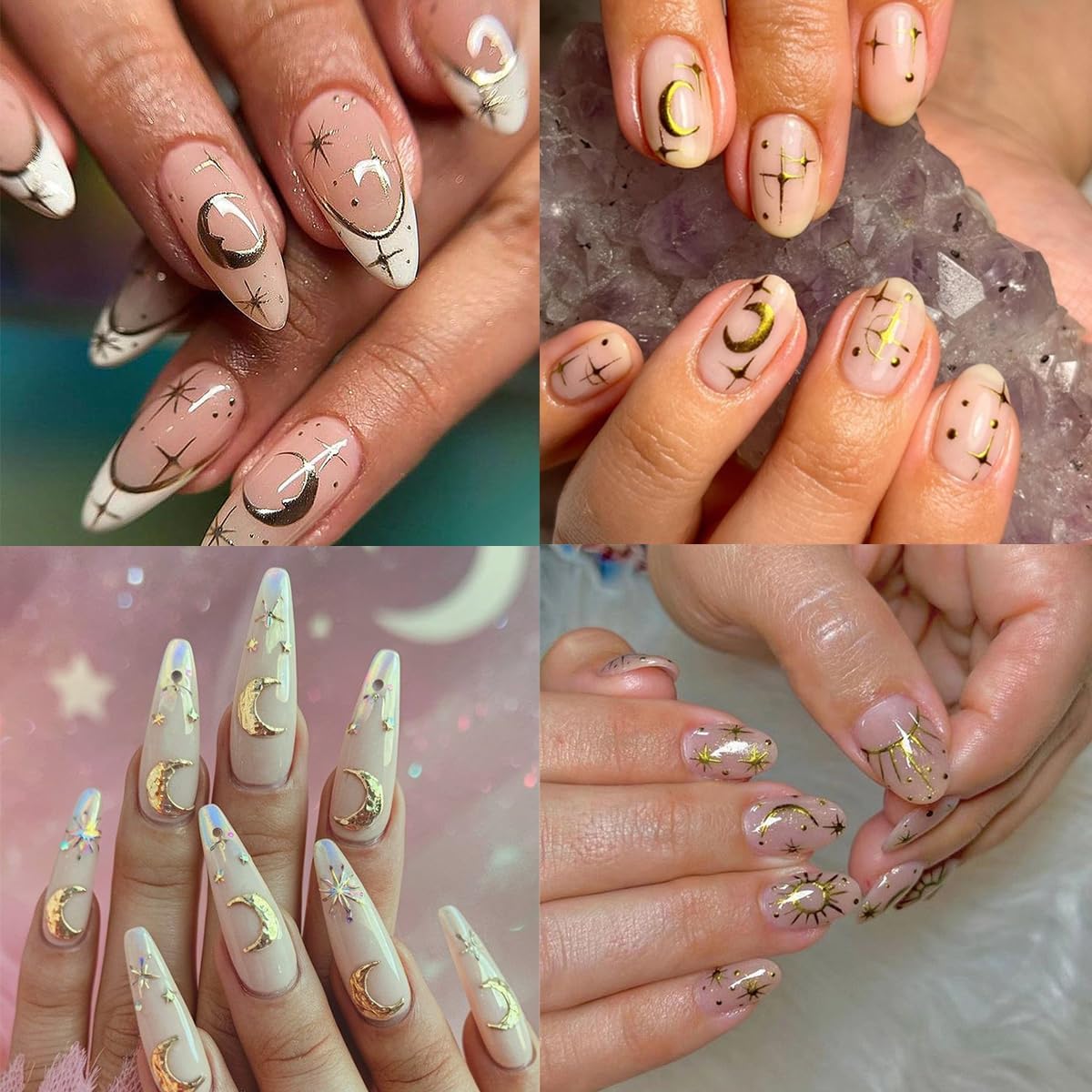 Gold Silver Nail Art Stickers Decals 6 Sheets Moon Star Nail Stickers 3D Self Adhesive Nail Decals Heart Moon Starlight Star Nail Art Design Decoration Accessories for Women Girls