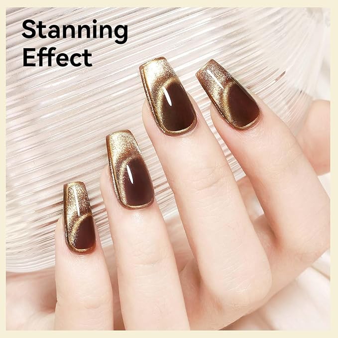 Cat Eye Gel Nail Polish, Brown Magnetic Gel Polish, Glitter Holographic Nail With Magnet Shimmer Cateye Effect Art Manicure Salon DIY Home, 12ML