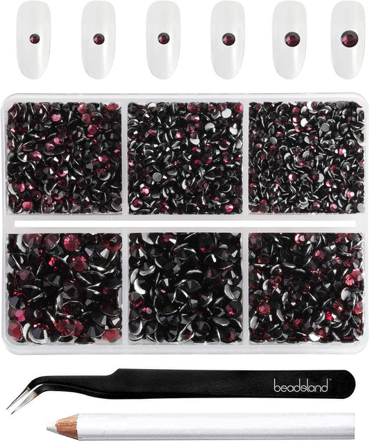Beadsland 4300pcs Flatback Rhinestones,Burgundy Rhinestone Nail Gems Round Crystal Rhinestones for Crafts,Mixed 6 Sizes with Picking Tweezers and Wax Pencil Kit, SS6-SS20,Amethyst