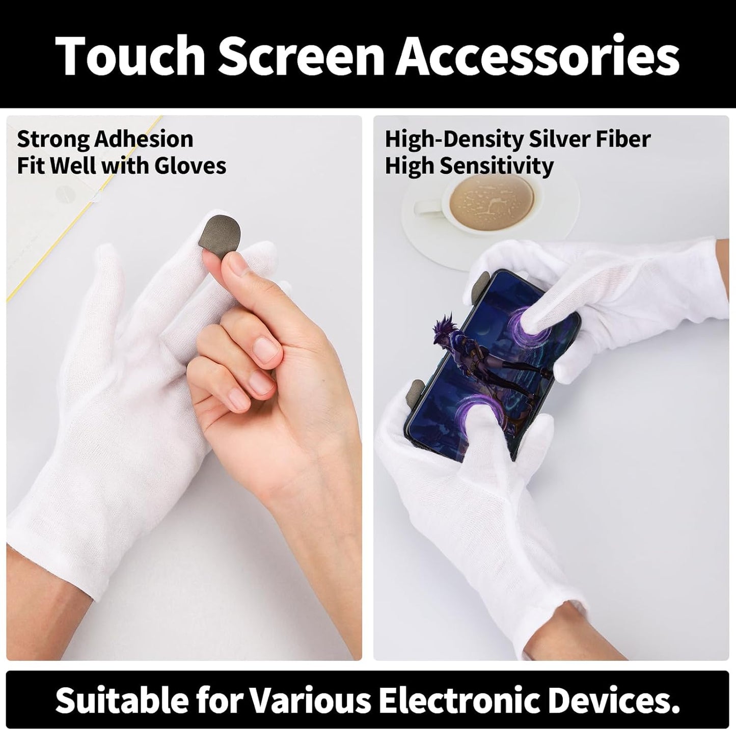 Large Touch Screen Gloves - 10 Pairs White Cotton Gloves for Art Handling, Jewelry, Coin Handling, Photography, for Dry Hands Sleeping, with Pack of 40 Touch Screen Stickers