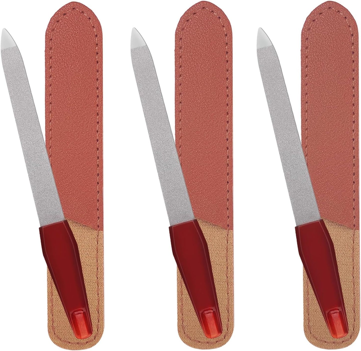 3 Pack Metal Nail File with Sharp Pointed Tip and Leather Sheath Case for Natural Nails, 5 Inches Fingernail Files Stainless Steel Manicure Double Sided Sapphire Grit Nail Filer Silver Brown
