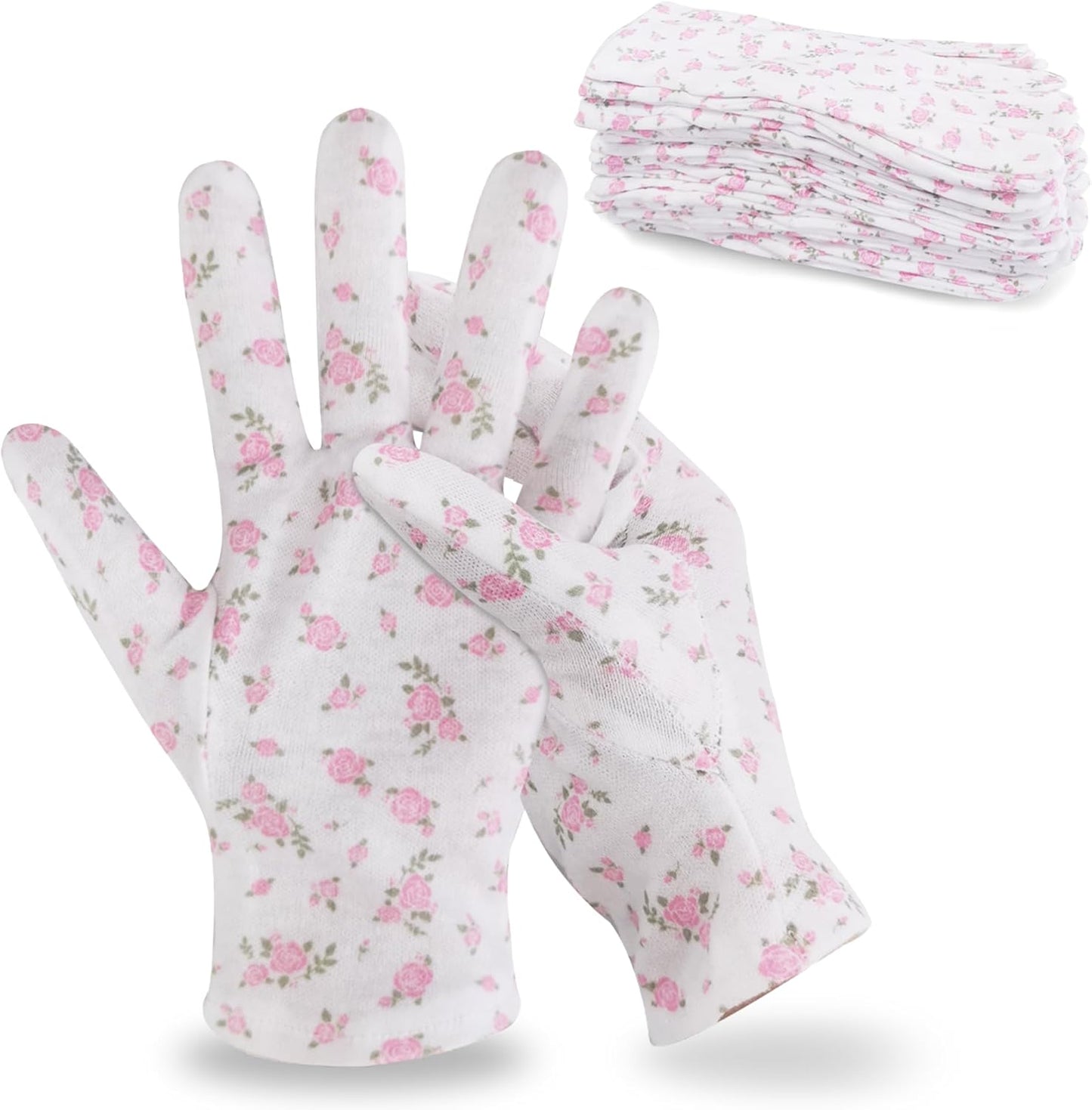 HandLove Premium 100% Cotton Gloves | Moisturizing Gloves for Dry Hands & Eczema | Overnight Sleeping Gloves, Eczema Gloves | White Floral Dots, 12 Pairs