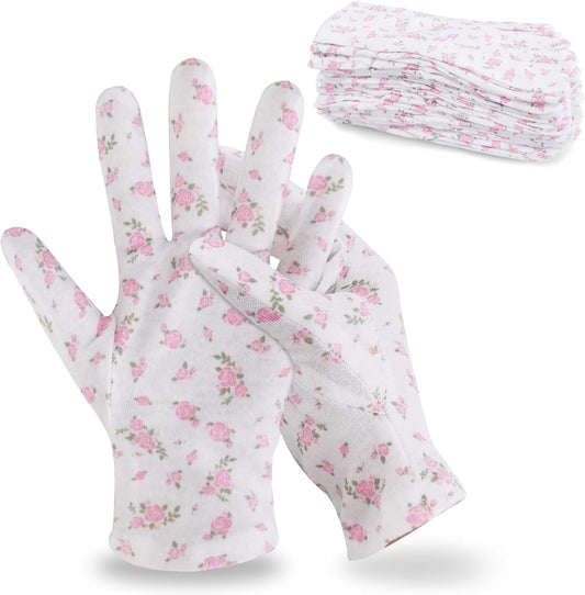 HandLove Premium 100% Cotton Gloves | Moisturizing Gloves for Dry Hands & Eczema | Overnight Sleeping Gloves, Eczema Gloves | White Floral Dots, 12 Pairs