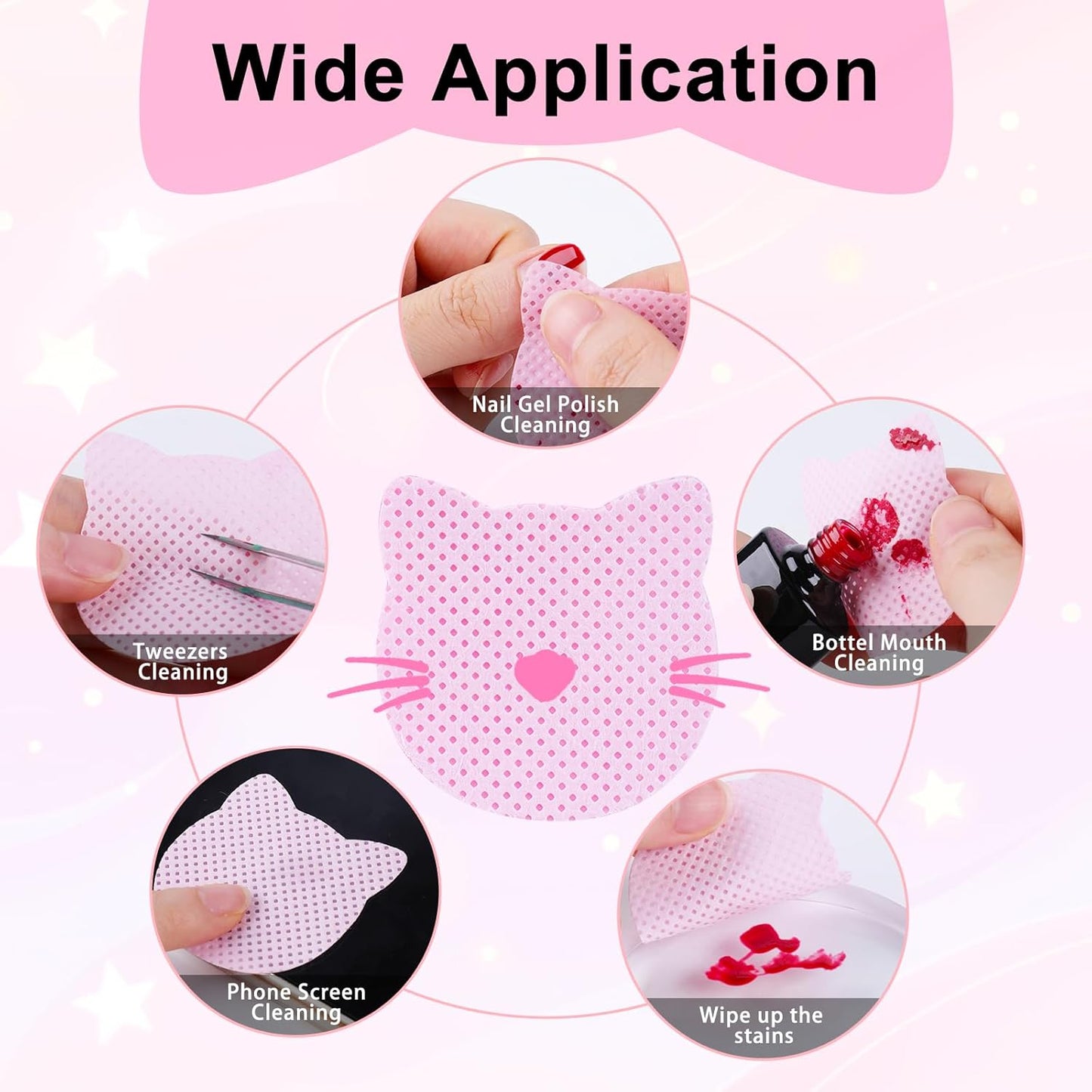 MEKK Lint Free Nail Wipes 800PCS Cat Shape - Super Absorbent Non-Woven Gel Nails Wipes for Nail Polish Remover and Eyelash Extension Glue, Convenient and Hygienic (Pink)