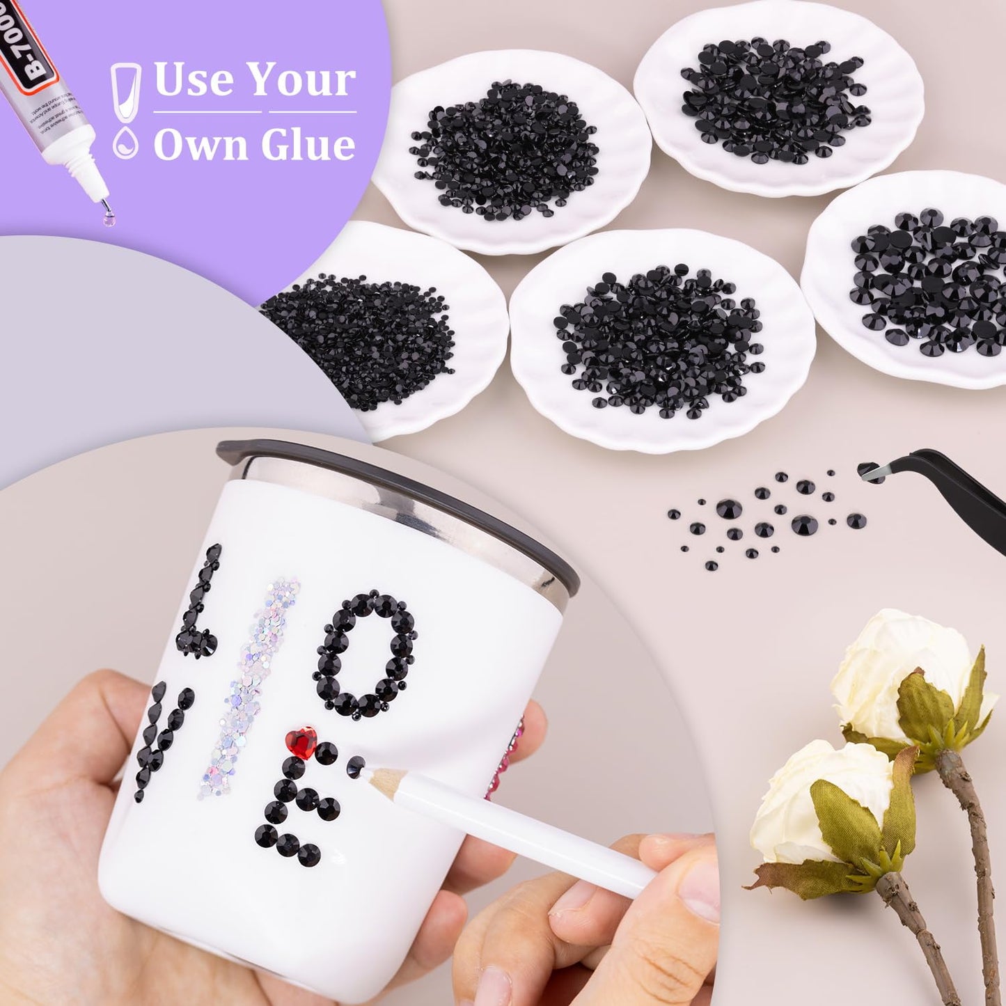 Resin Rhinestones for Crafting, 2 Boxes Black Flatback Crystals for Bedazzling Crafts DIY Nail Art Decoration, Non Hotfix Bulk Gems for Tumbler Shoes Clothing Fabric Face Makeup
