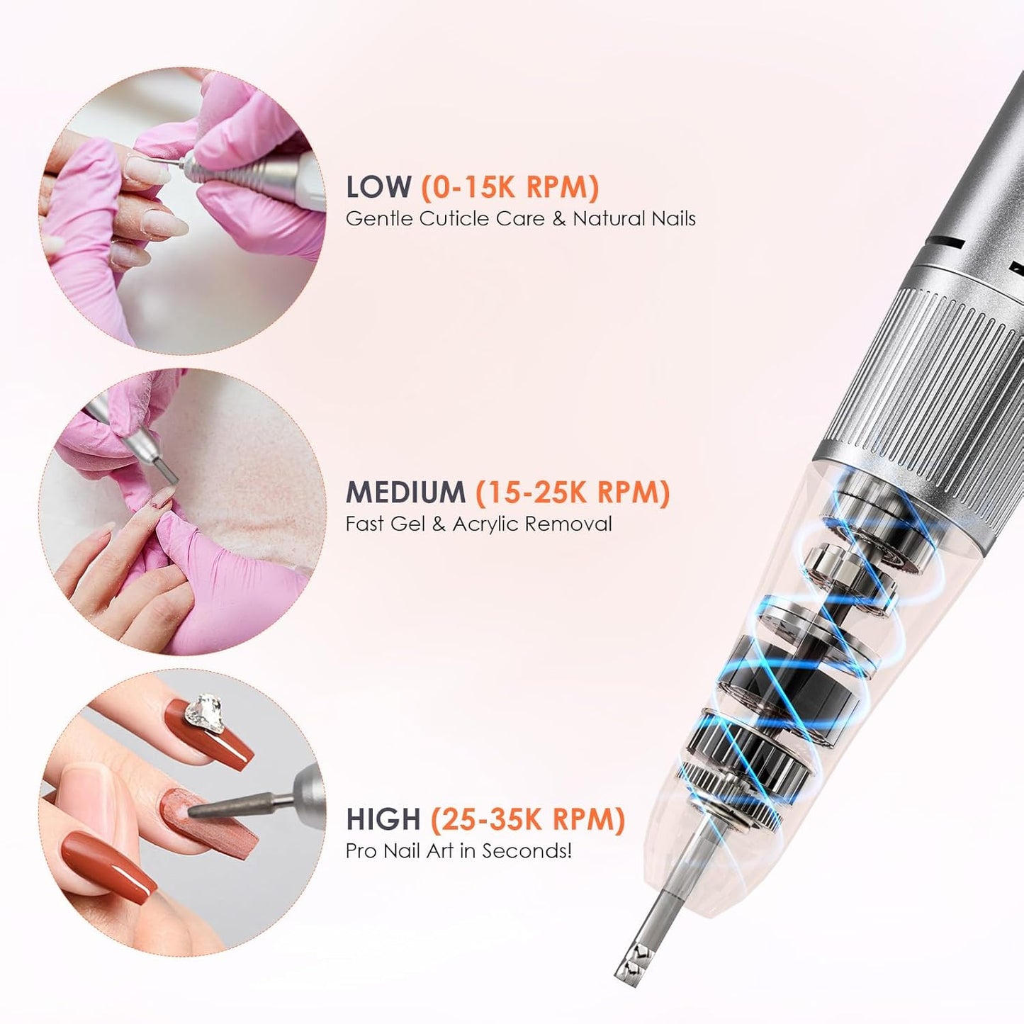 Delanie Professional Rechargeable Nail Drill Machine 35000 RPM - 901SE Electric E File Acrylic Gel Nail Filer Tool for Manicure with 7 bits and 36 Sanding Bands