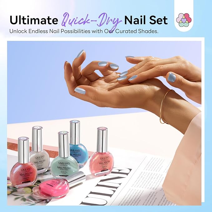 SAVILAND Color Artistry Nail Polish Set: Quick Dry Mermaid Nail Polish 6-Color Pearl Pink Blue White Nail Lacquer Polish Kit 12-Free with Castor Oil Sheer Color Nail Art DIY Manicure Aurora Nail