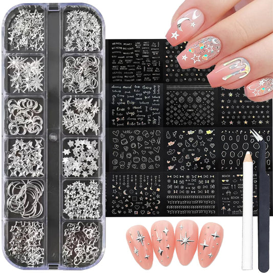 Silver Star Moon Nail Charms Nail Art Kit with 30 Sheets Silver Nail Art Stickers 3D Self-Adhesive SIlver Nail Decals Nail Supplies for Women Acrylic Nail DIY Manicure Kit with tweezer,Pick up Pencil