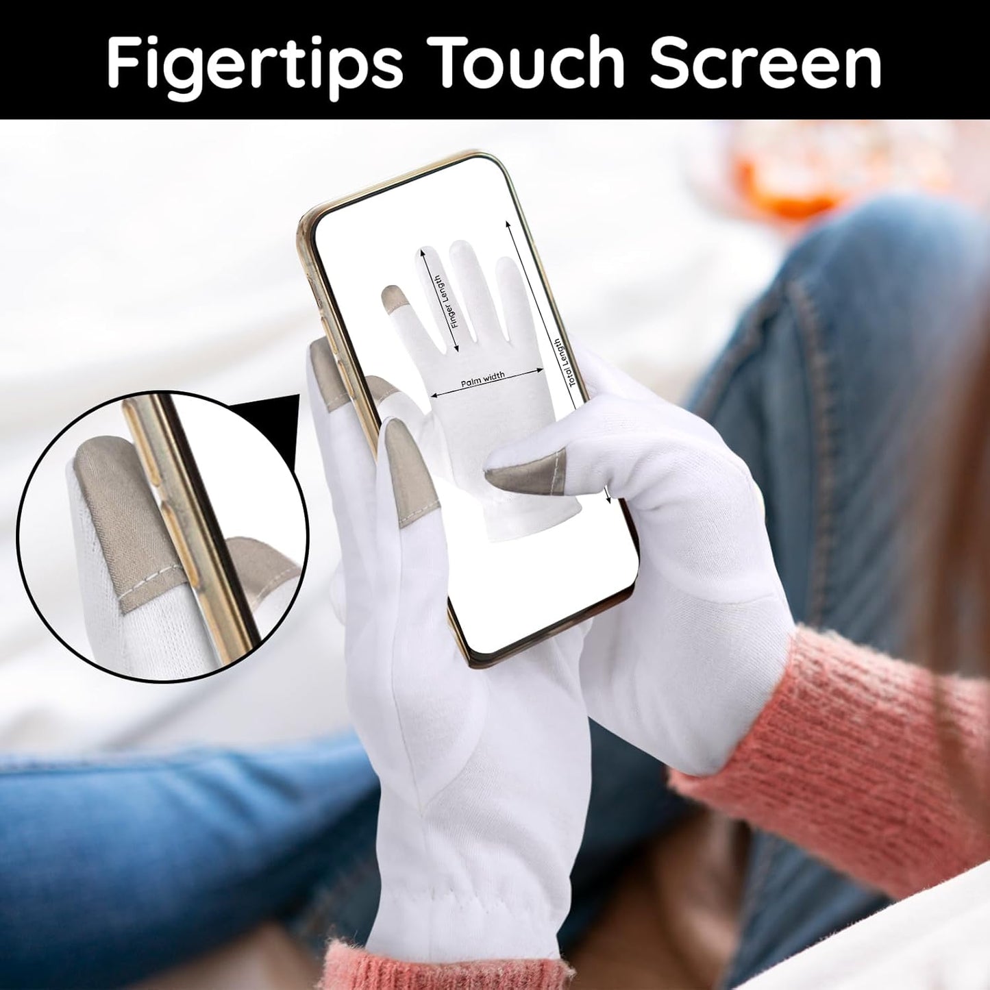 Segbeauty 12 Count Moisturizing Gloves with Touchscreen Fingers, Cotton Glove Liners with Elastic Band for Sleeping Overnight, White Cotton Glovesfor Men and Women, Work Gloves for Coin Handling Large