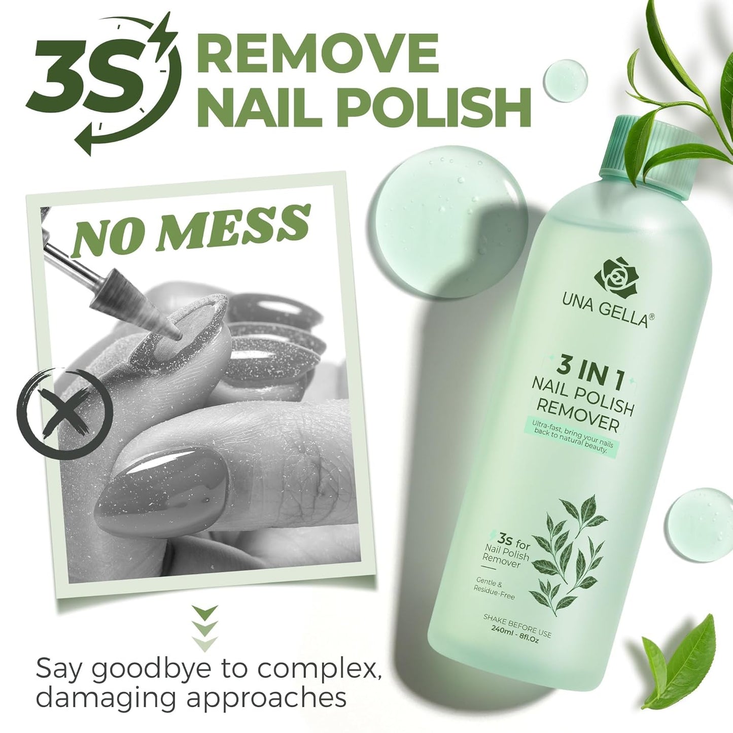 UNA GELLA Nail Polish Remover, Soak Off Acetone Polish Remover For Nails With Easy Use Cap, Healthy Formula Works For Nail Glue 8 Fl Oz, Green Tea Scent