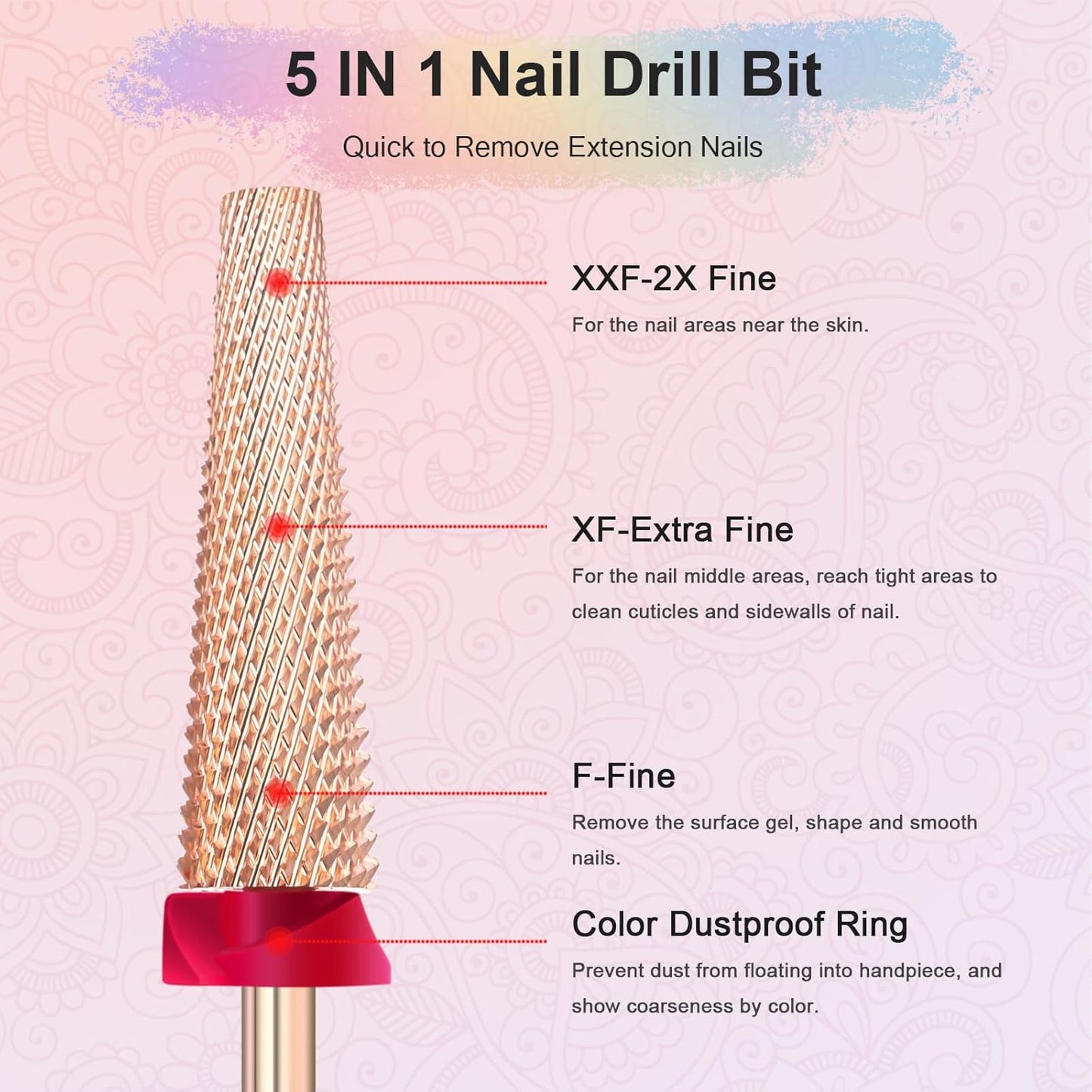 Depvko Super Long 5 in 1 Nail Drill Bits, 3/32'' Carbide Tungsten Bits, Two Way Rotate Professional Advanced Safety Bits for Nail, Fast Remove for Manicure Pedicure (Long 5in1-Rose Gold, Fine-F)