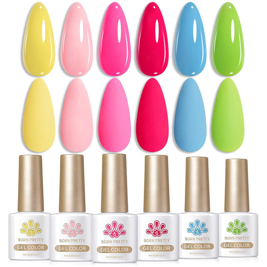 Born Pretty Neon Gel Nail Polish Spring Summer Hot Pink Green Blue Yellow Bright Rainbow Candy Sweet Color Gel Polish Kit Nail Art Manicure DIY Home Salon 6PCS