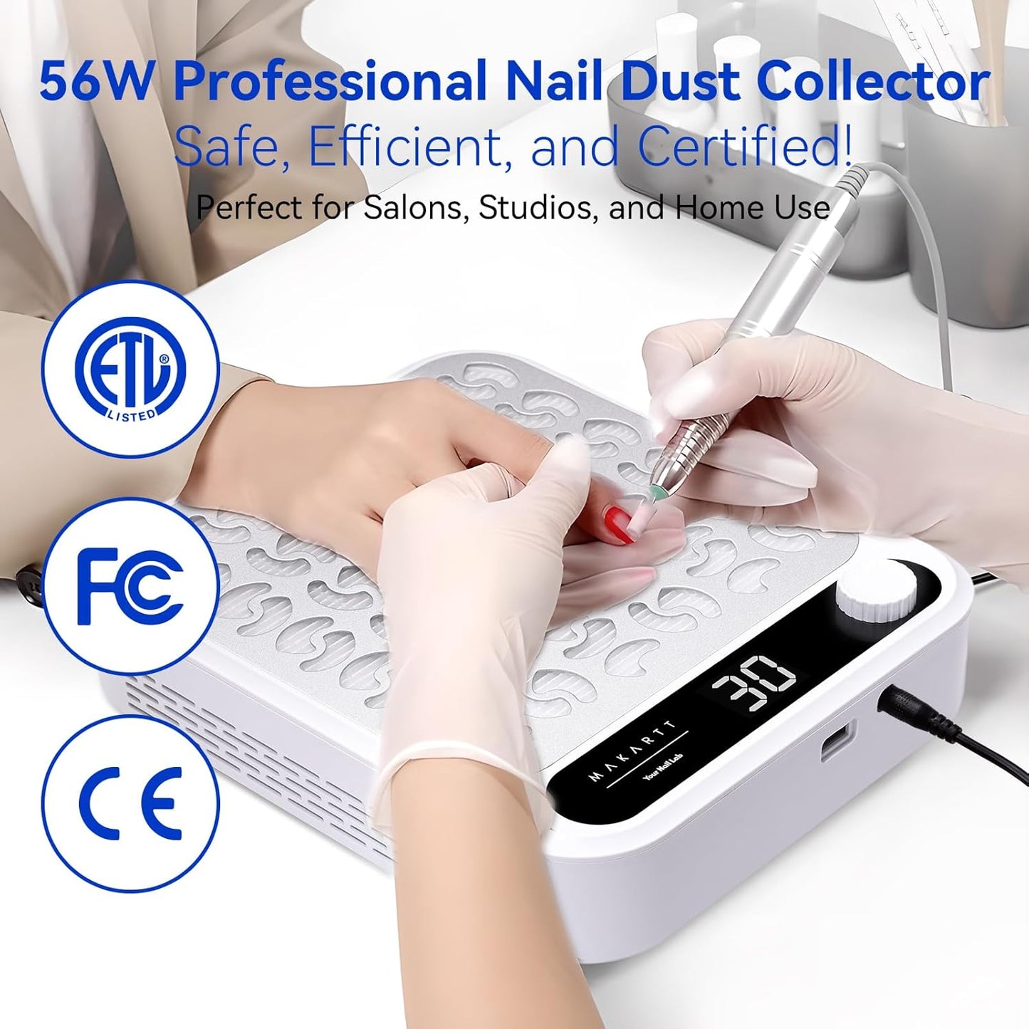Makartt Nail Dust Collector - Professional Powerful Suction Larina Dust Collector Nail Tech LED Display, Adjustable Speed Reusable Filter, Strainer Panel for Acrylic Nail Polishing Manicure Salon Home