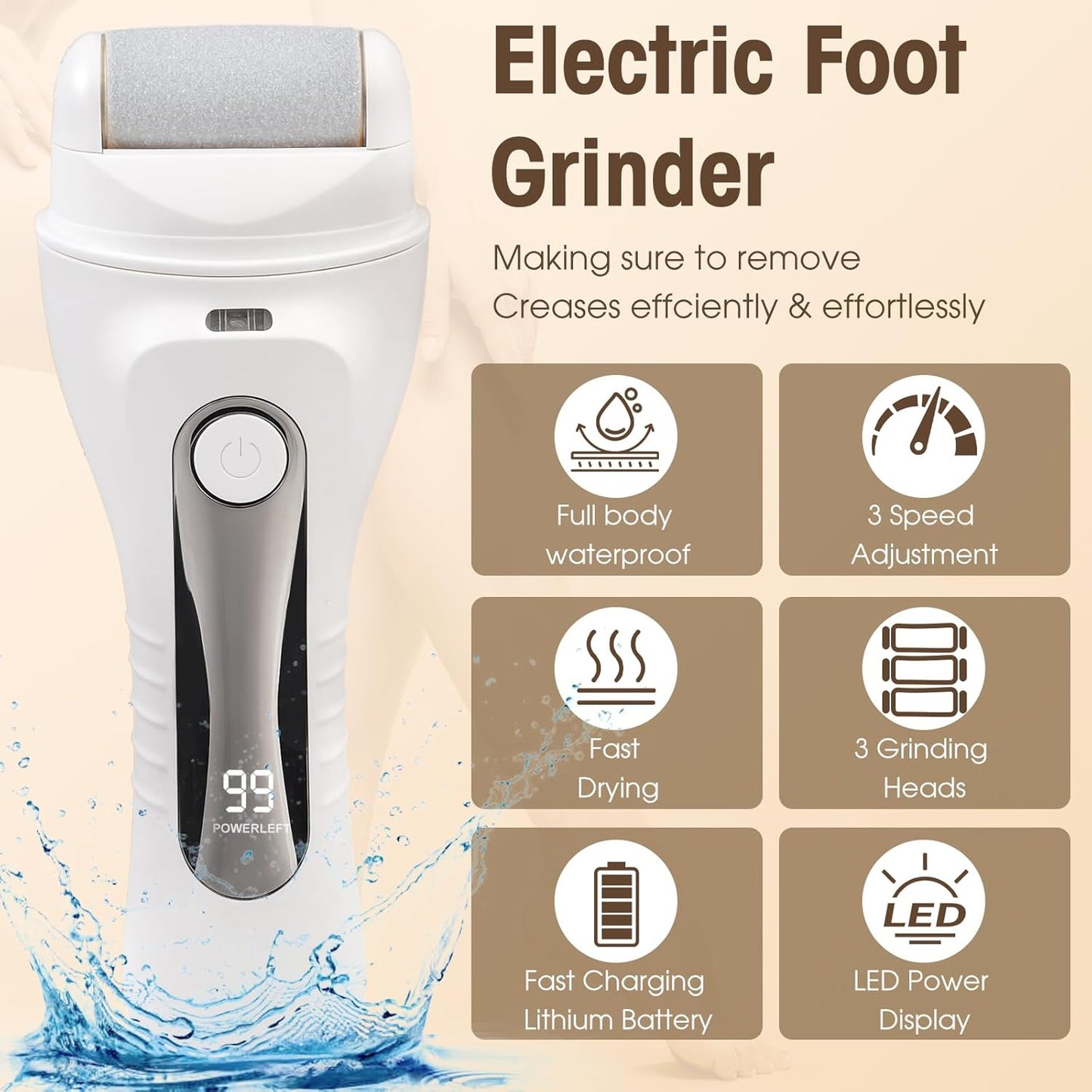 Electric Foot Scrubber File Callus Remover, 17-in-1 Professional Pedicure Kit, Waterproof Cracked Dry Dead Skin Removal for Feet Care, Wider 3 Rollers, 3 Speed, Battery Display