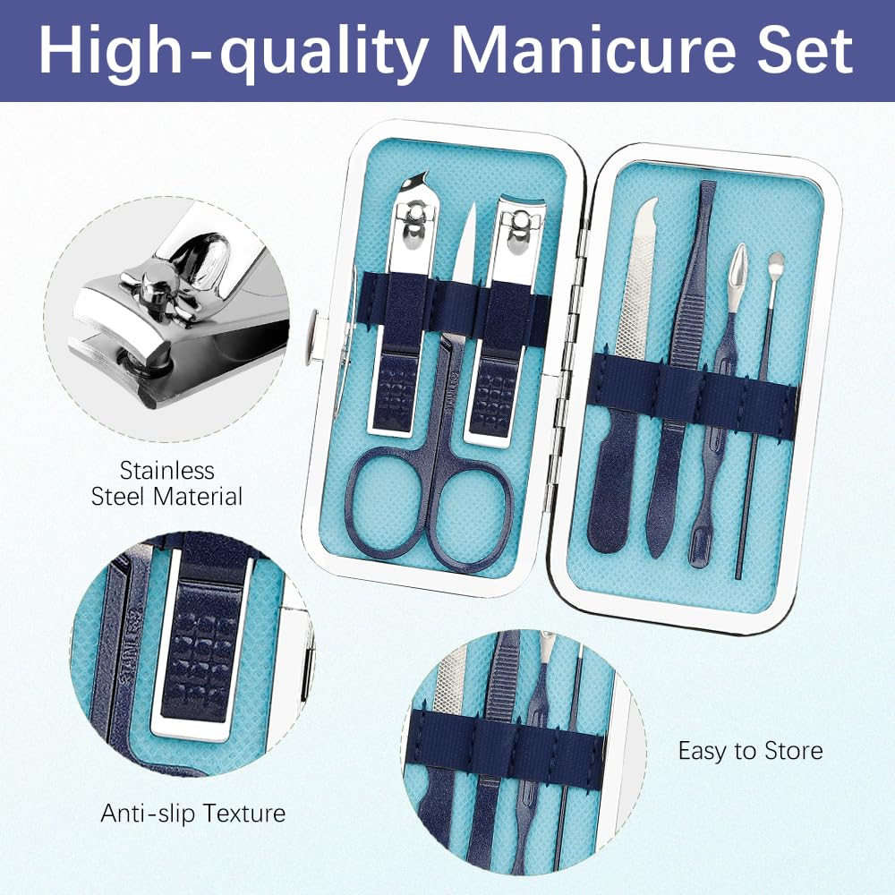 Manicure Set, Nail Clipper Set 7 in 1 Stainless Steel Nail Clipper Kit Nail Clippers Manicure Kit for Men Grooming Kit Pedicure Kit Fingernail Toenail Clippers for Men Women Husband Boyfriend, Blue