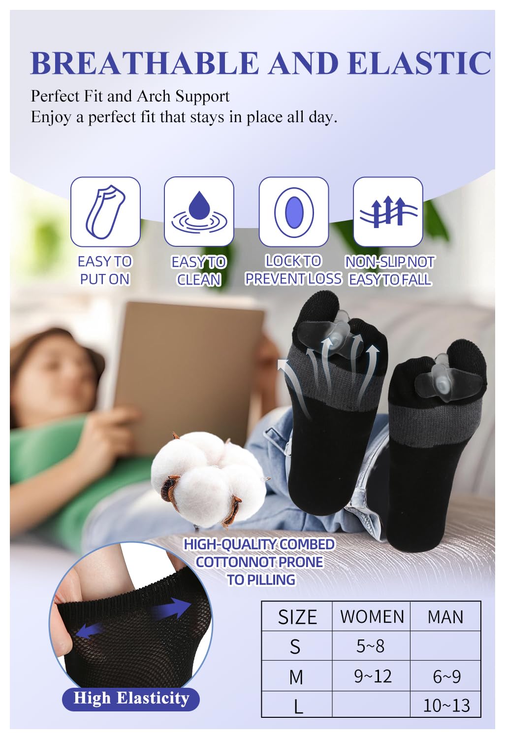 Happy Feet Alignment Socks, Adjustable Yoga Toe Separators For Men Women, Wearable On The Go, Black L