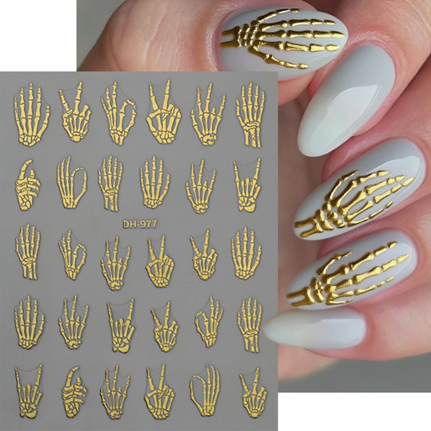Halloween Nail Art Stickers Decals Horror Hand Bones Skeleton Skull Design Nail Stickers 5D Embossed Goth Nail Decals for Women DIY Manicure Halloween Party Nails Decorations 4 Sheets