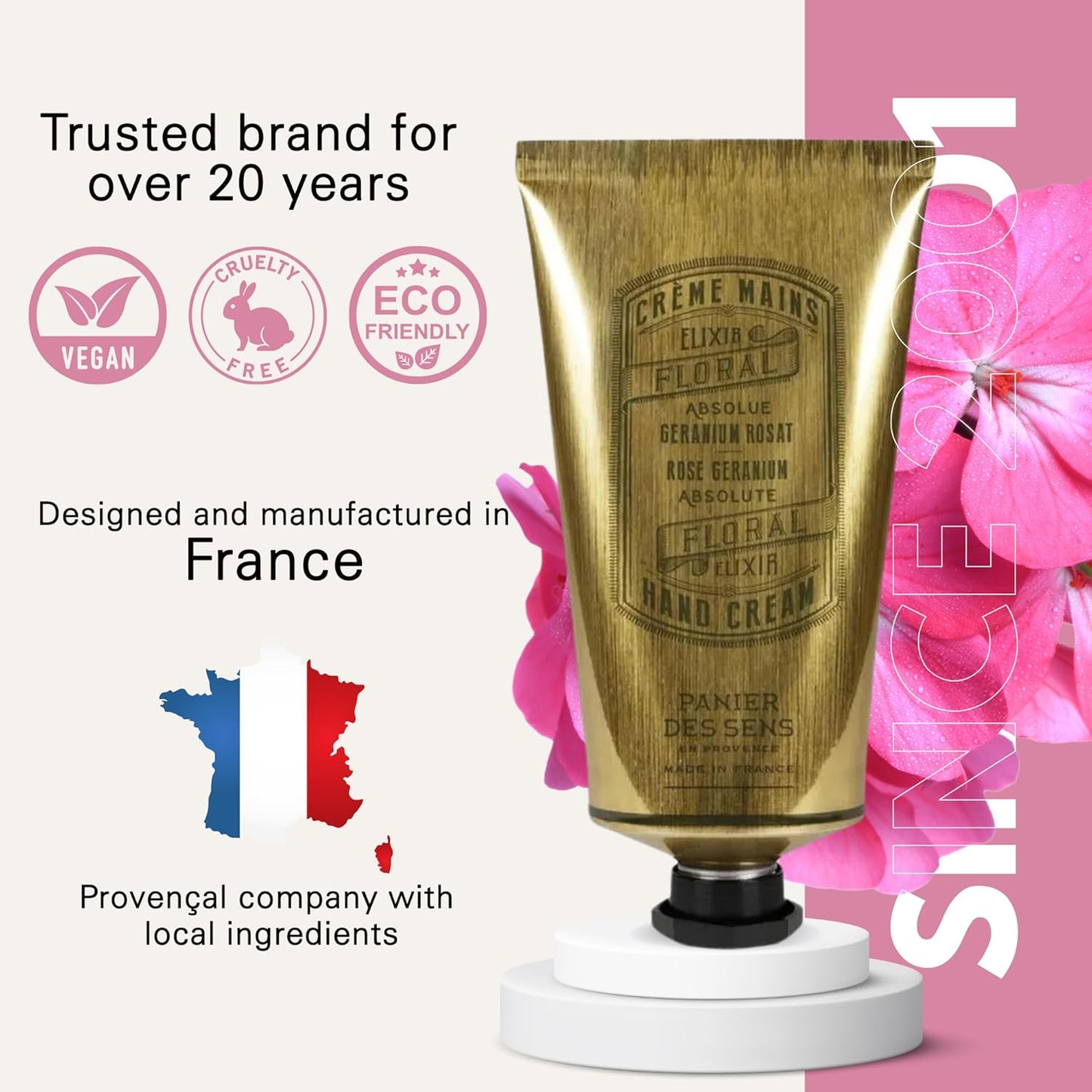 Panier des Sens Rose Geranium Hand Cream with Olive Oil - Nourishing Hand Cream for Dry Cracked Hands 97% Natural Ingredients - Dermatologically Tested Hand Lotion for Woman Made in France, 2.5 fl oz