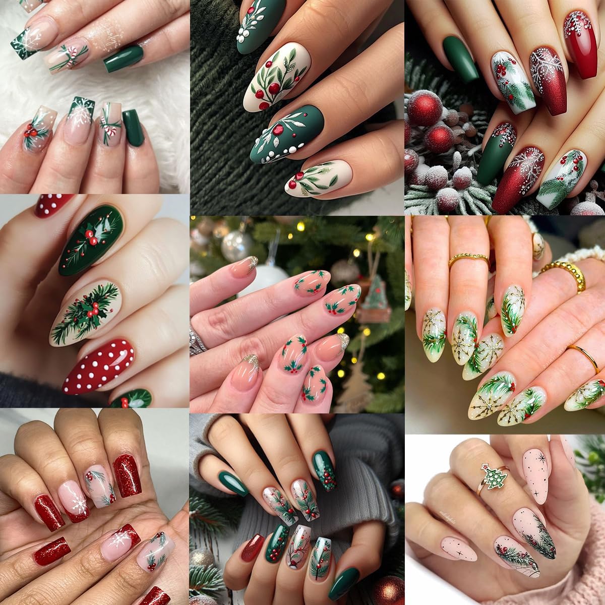 4 Sheets Christmas Nail Stickers 5D Embossed Holly Leaf Nail Decals Christmas Tree Pine Leaves Snowflake Design Self Adhesive Nail Supplies Winter Xmas Nail Art Stickers for Women DIY Nail Decoration