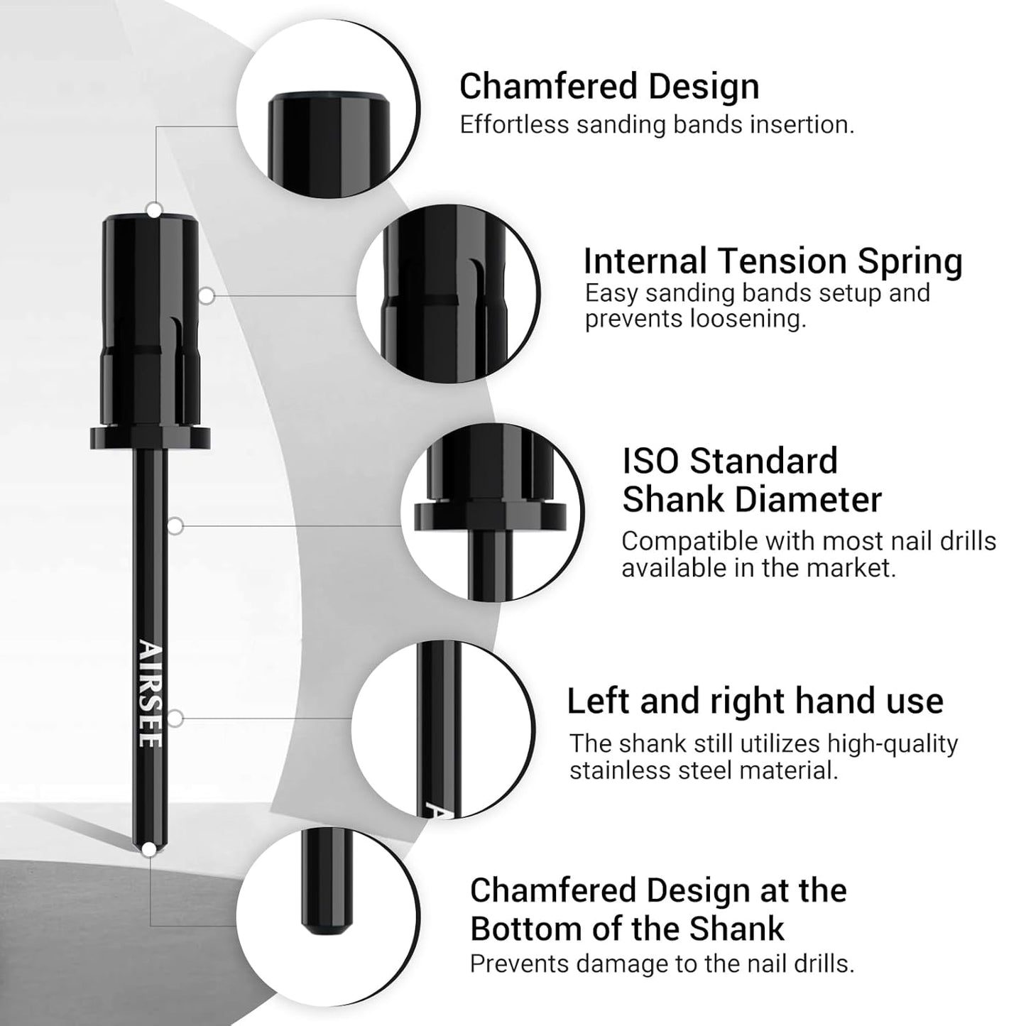 AIRSEE Nail Drill Mandrel Bit for Efile Sanding Bands, Stainless Steel Professional Electric File Head for Clean Cuticle Removing, Acrylic Tip Dead Skin Sander Remover Manicure Safety (Classic Black)