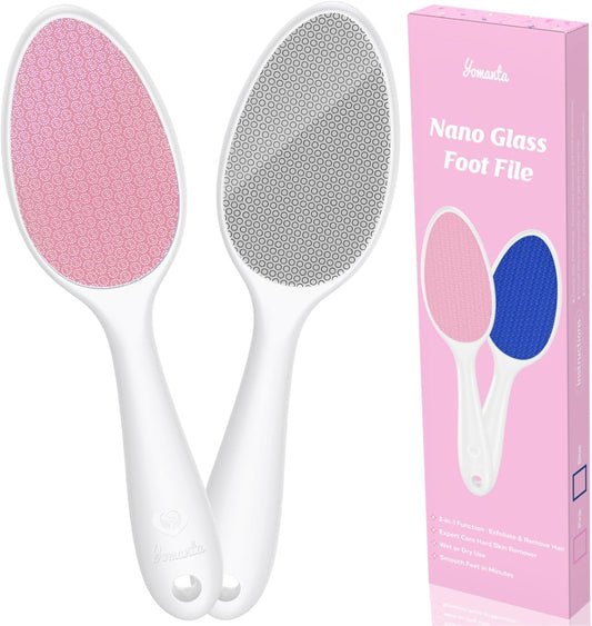Foot File, Nano Glass Foot File Callus Remover with Handle, 2-in-1 Foot Scrubber Dead Skin Remover, Gentle Exfoliation Foot Buffer Pedicure Tools for Feet-Pink