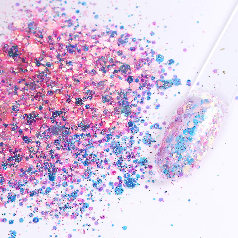 Holographic Nail Art Sequins Glitter Kits 8 Boxes 3D Nails Glitter Metallic Shining Flakes Acrylic Powder Dust Sequins for Nails Decoration Holographic Manicure Tips (Pink)