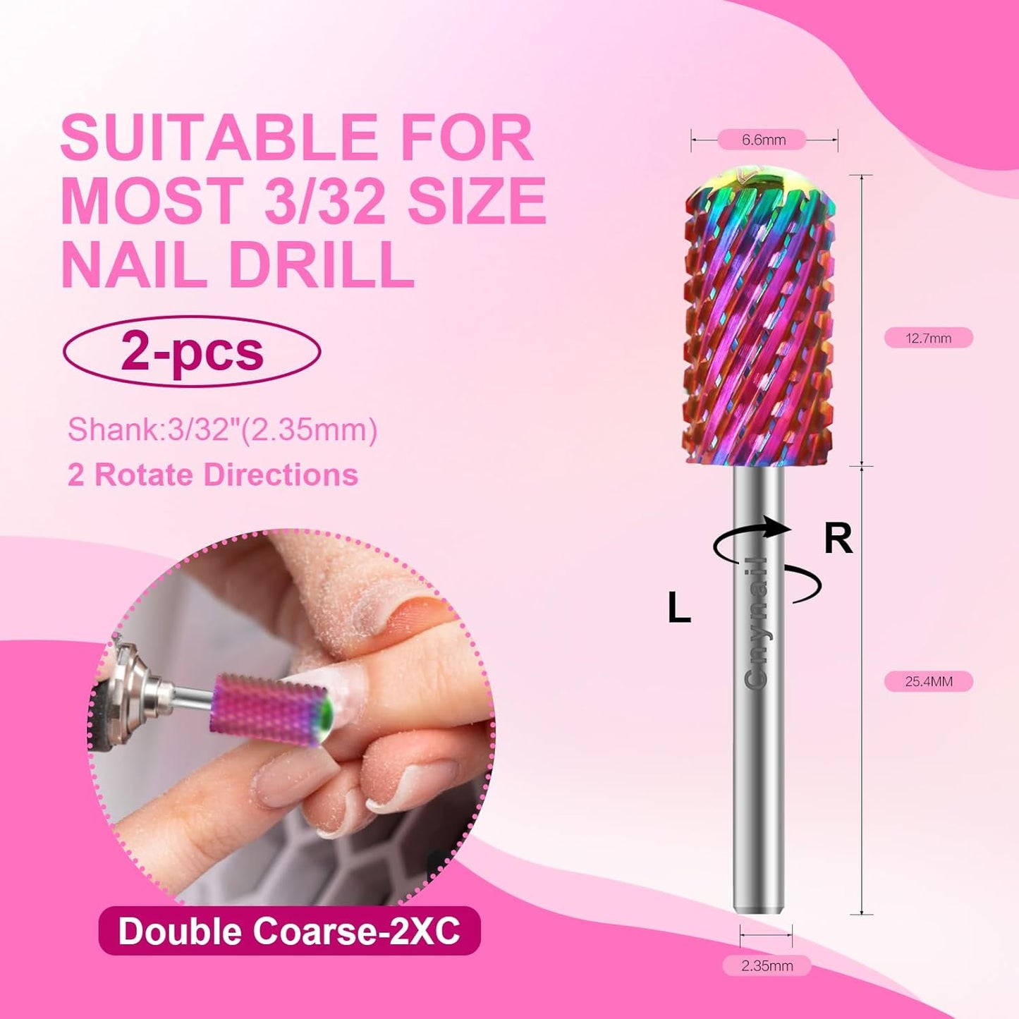 3/32" 2PCS Large Barrel Smooth Round Top Tungsten Carbide Nail Drill Bit Safety Bit for Gel & Acrylic Removal, 2-Way Rotating Efile Tip, Salon Electric File Accessory (XXC Grit, Multicolor)