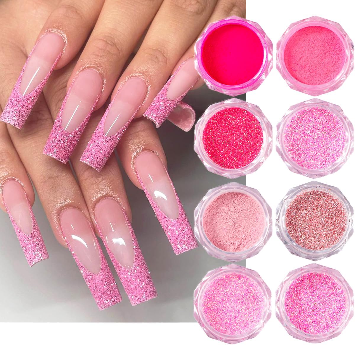 Pink Nail Glitter Powder, 12pcs Nail Art Sequins Dust Set, Holographic Paillette Sparkle Flakes for Acrylic Tips Manicure Decorations