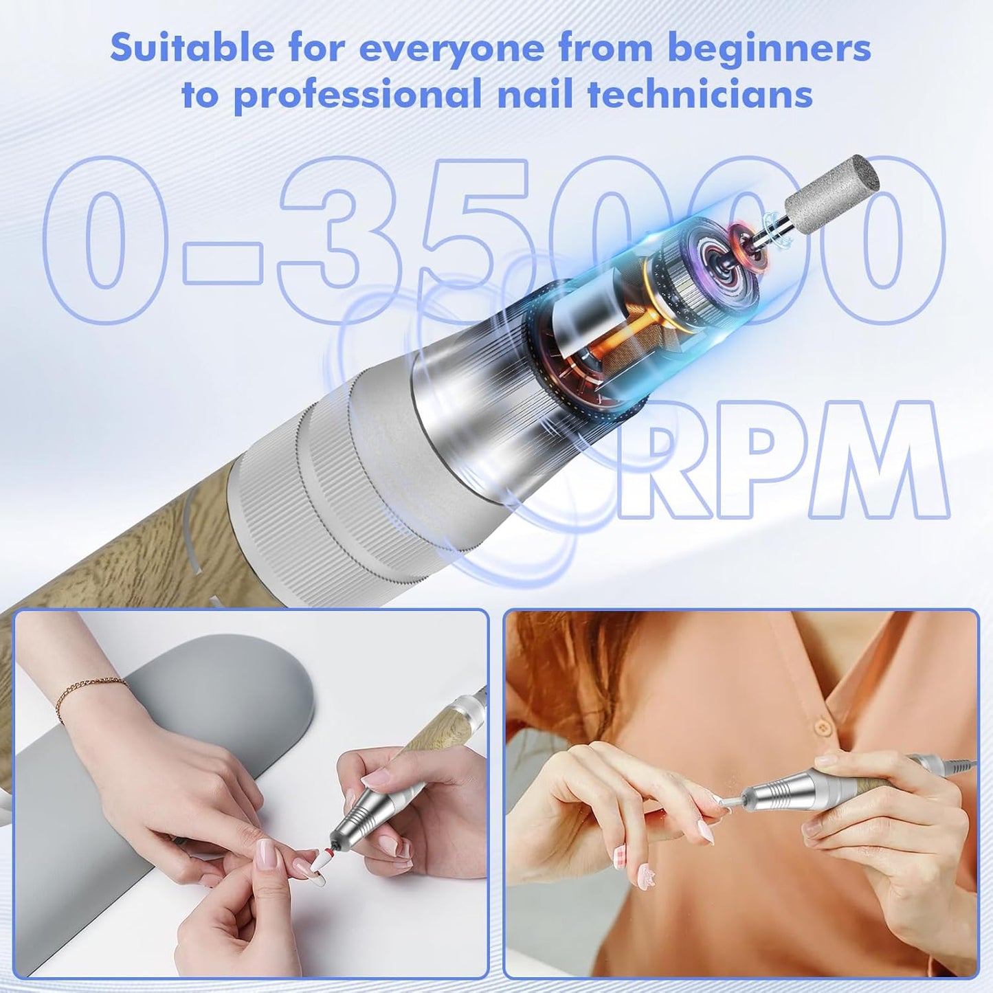 35000RPM Nail Drill Professional, Rechargeable Electric Nail File，Cordless Nail File Portable Efile for Acrylic Gel Nails Remove, 12Pcs Nail Drill Bits, Super Silent Shockproof and not hot