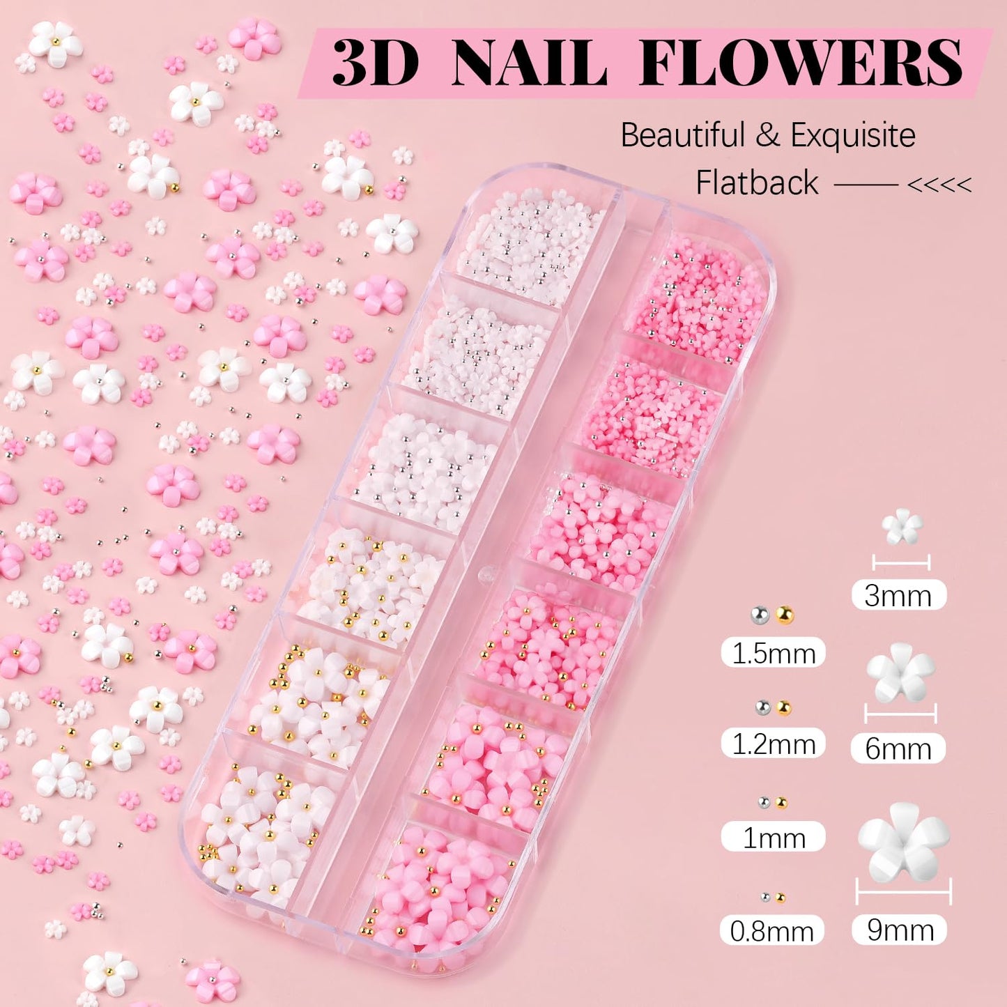 BELLEBOOST 3D Flowers Manicure Gems with Nail Rhinestone Glue Gel, White Pink Acrylic Flower Charms Caviar Beads, Rhinestones for Nails Gem (UV/LED Needed) Dotting Tools