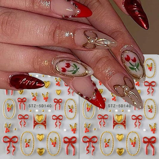 Christmas Nail Art Stickers Decals 5D Embossed Bow Nail Stickers 2PCS Red Gold Bow Heart Gold Circle Cherry Xmas Nails Design Self-Adhesive Nail Decals Manicure Supply for Women DIY Nail Art
