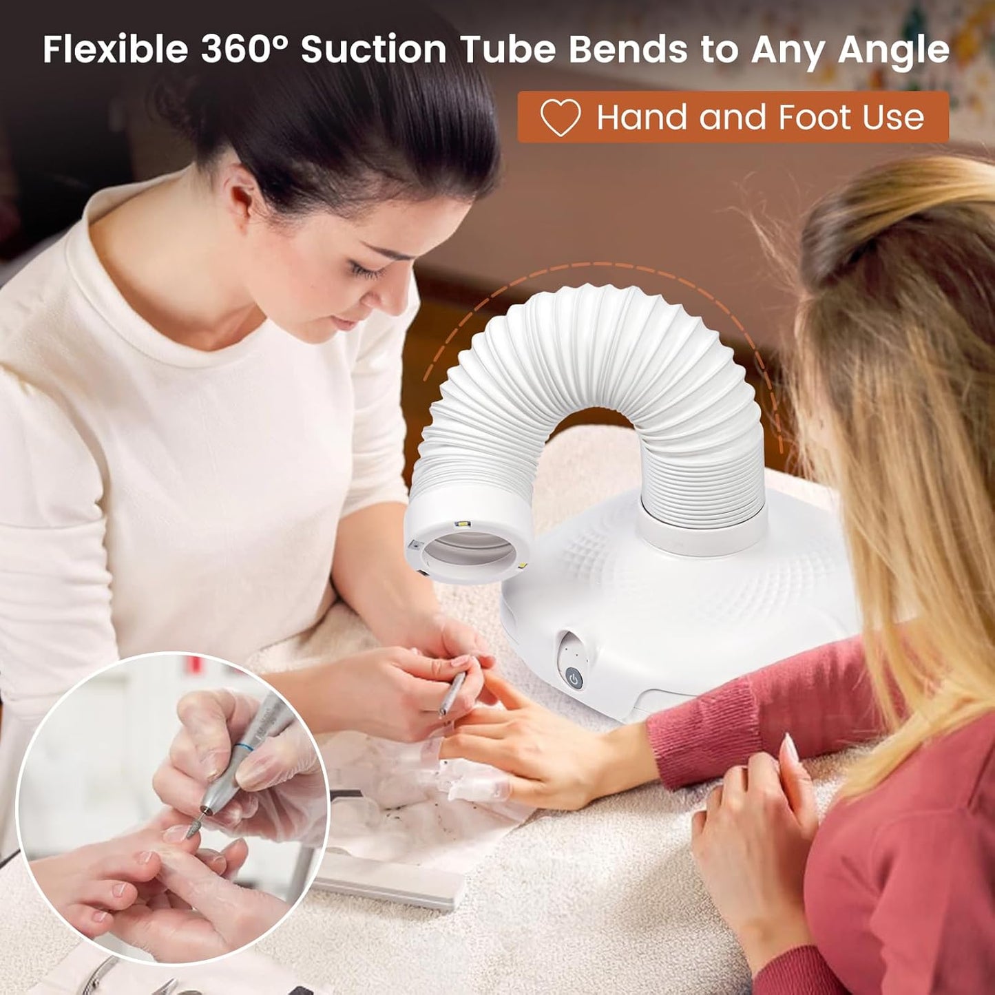 Nail Dust Collector for Nail Tech - 13000RPM Nail Vacuum Dust Collector with 360° Fexible Tube & Reusable Filter - Manicure Dust Cleaner for Acrylic Nail Salon, Home DIY & Crafts