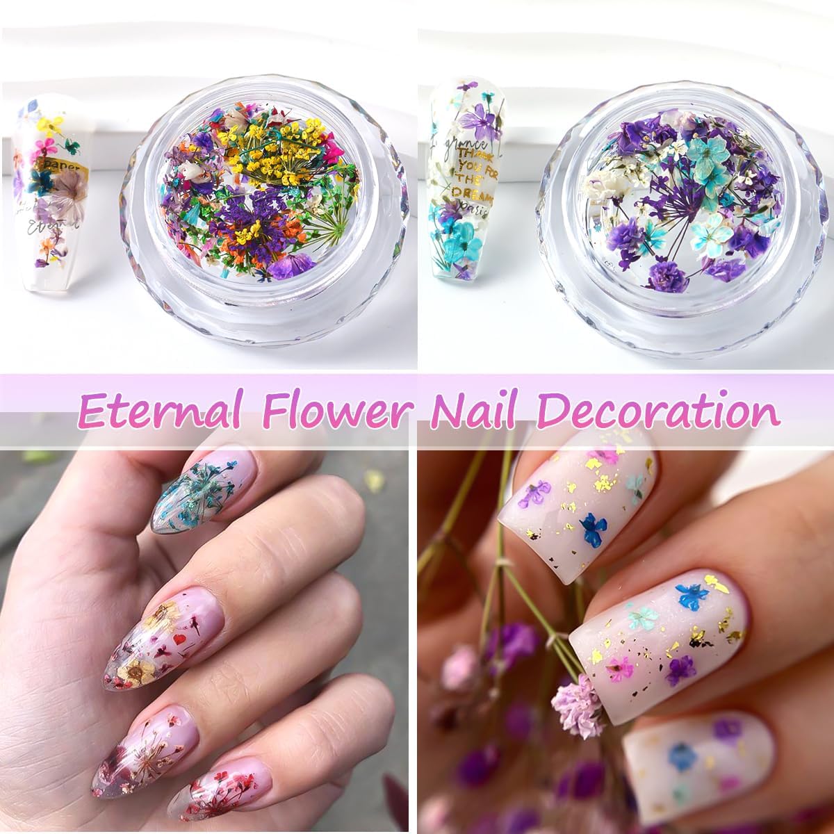 8 Boxs Dried Gypsophila Flowers Nail Art Decoration Mixed Mini Hydrangea Floral Petals Charms Plant Jewelry Accessories for DIY Crafting Nail Design Supplies (Multi-Color)